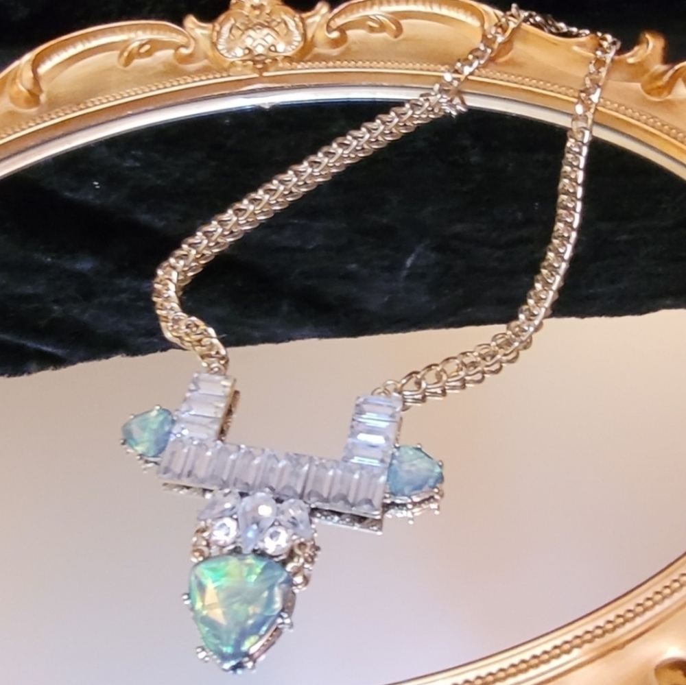 Vintage Estate Art Deco Avant Garde Opal Crystal Gold Necklace